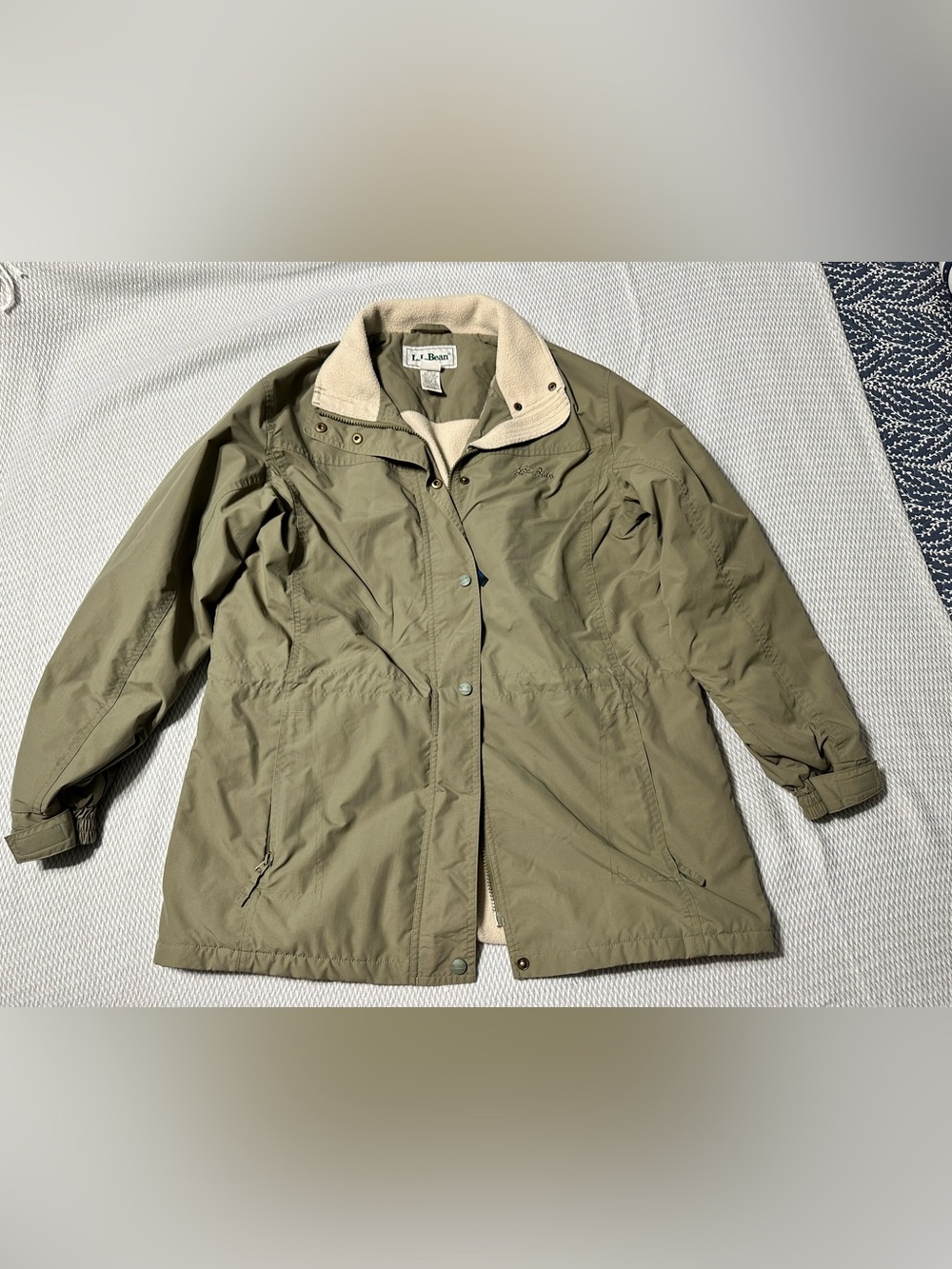 L.L. Bean Olive Green Trench Coat with Cream Fleece Collar